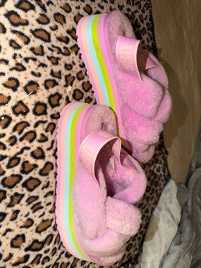 UGG Pink Shearling Platform Sandals with Pastel Rainbow Stripes